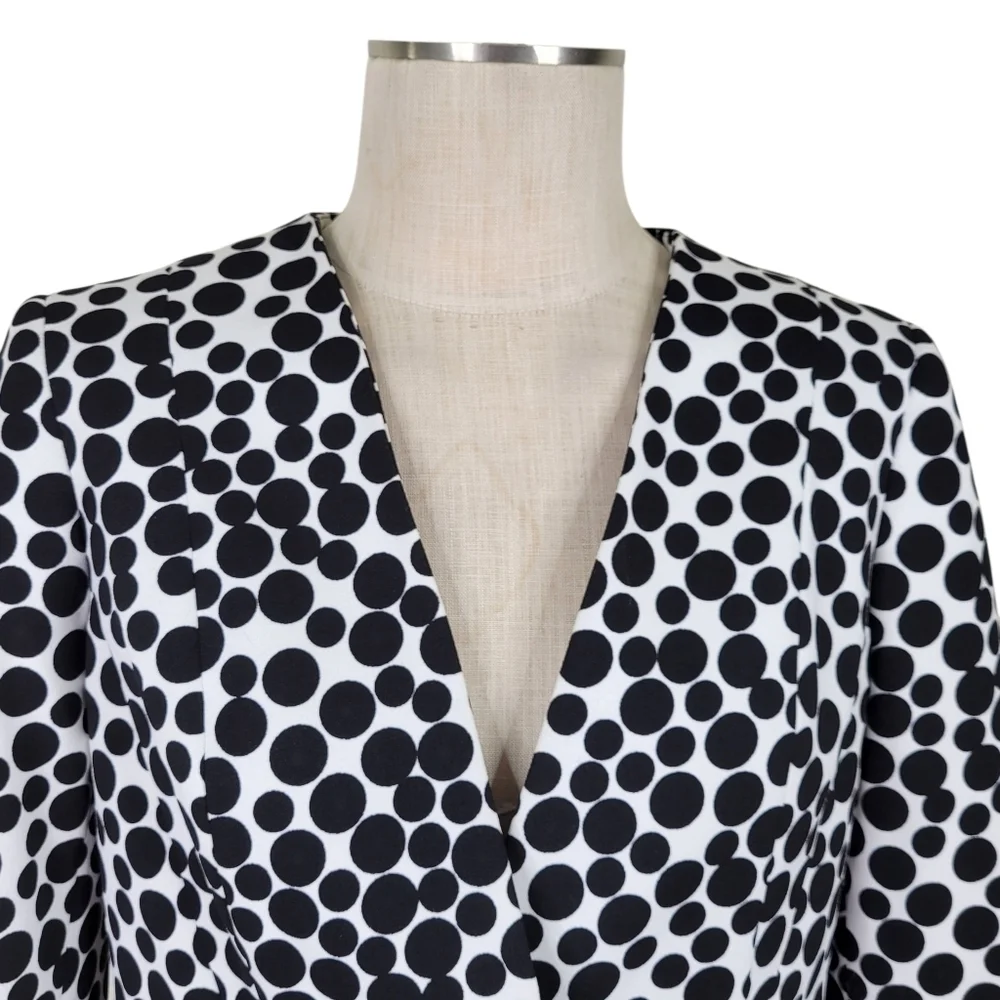 Kasper Peplum Blazer Women Size 6 White Black Polka Dot 1 Button 3/4 Sleeve Slit